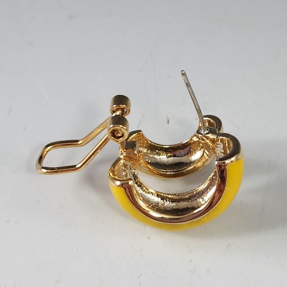Yellow Enamel Gold Post Style Earrings Pierced Ears Round Hoop 1980s Deco VTG - Picture 7 of 9